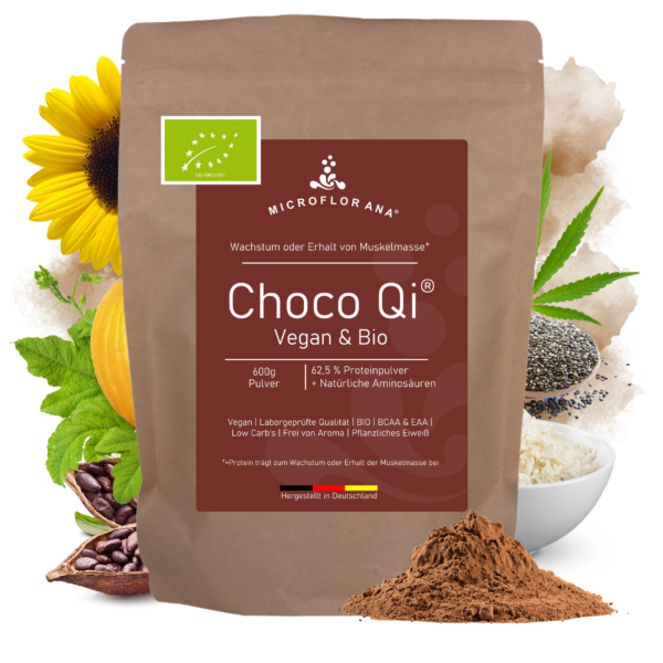 Microflorana Choco Qi – Veganes Proteinpulver 62,5 % Eiweiß Bio, 600g